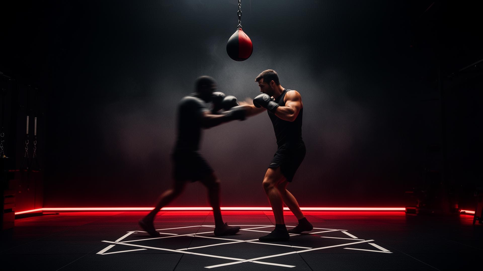 Fighters training with reflex ball and footwork markers